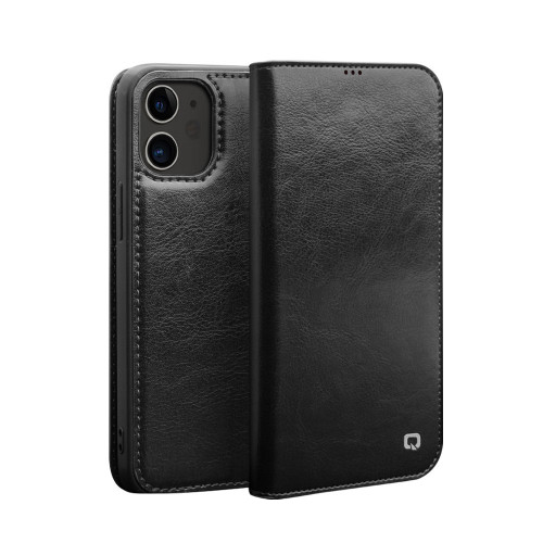 QIALINO - iPhone 12 mini Horizontal Flip Leather Case with Holder & Card Slots & Wallet - Black