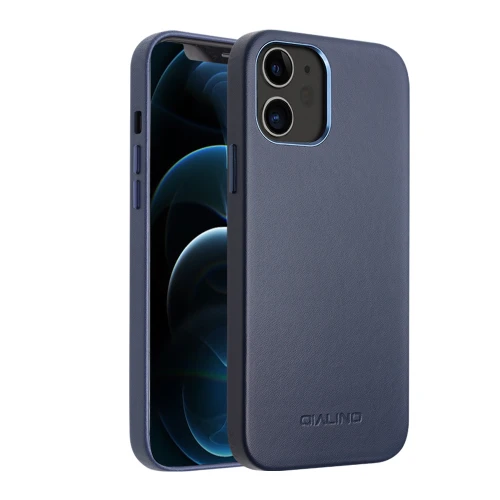 QIALINO - iPhone 12 mini Shockproof Cowhide Leather Protective Case - Blue