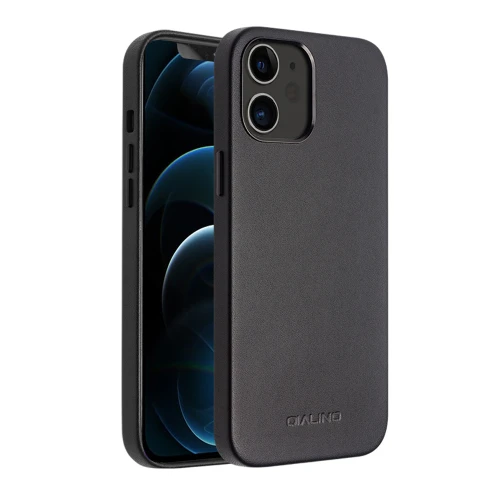 QIALINO - iPhone 12 mini Shockproof Cowhide Leather Protective Case - Black