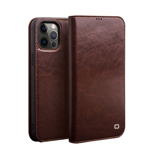 QIALINO - iPhone 12 Pro Max Horizontal Flip Leather Case with Holder & Card Slots & Wallet - Brown