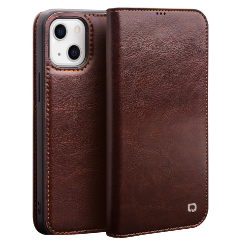 QIALINO - iPhone 13 Horizontal Flip Leather Case with Holder & Card Slots & Wallet - Brown
