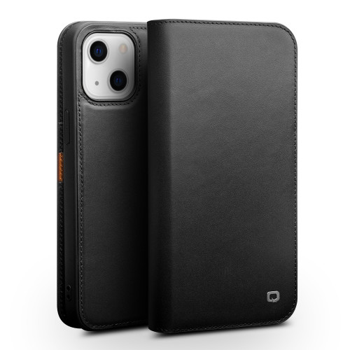 QIALINO - iPhone 13 mini Business Horizontal Flip Leather Case with Holder & Card Slots & Wallet - Black