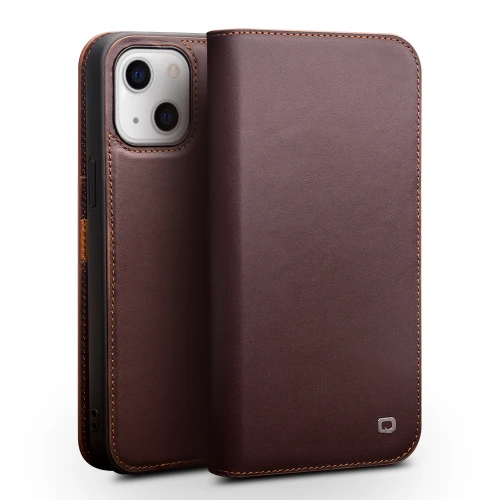 QIALINO - iPhone 13 mini Business Horizontal Flip Leather Case with Holder & Card Slots & Wallet - Brown