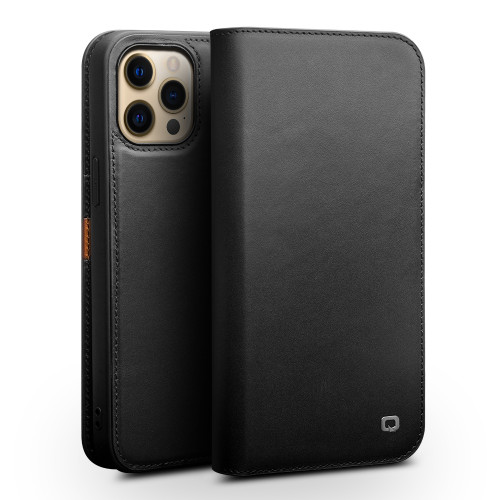 QIALINO - iPhone 13 Pro Max Business Horizontal Flip Leather Case with Holder & Card Slots & Wallet - Black