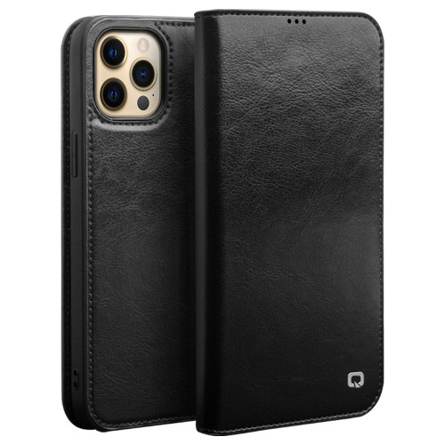 QIALINO - iPhone 13 Pro Max Horizontal Flip Leather Case with Holder & Card Slots & Wallet - Black