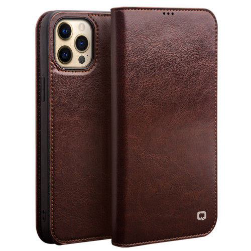 QIALINO - iPhone 13 Pro Max Horizontal Flip Leather Case with Holder & Card Slots & Wallet - Brown