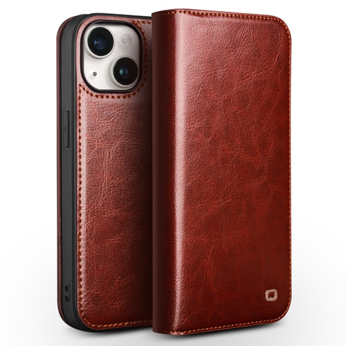 QIALINO - iPhone 15 Plus Classic Genuine Leather Phone Case - Brown