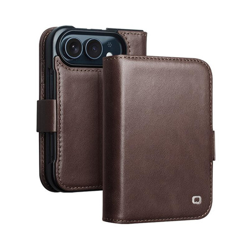 QIALINO - iPhone Duo Vintage Calfskin Genuine Leather Phone Case - Dark Brown