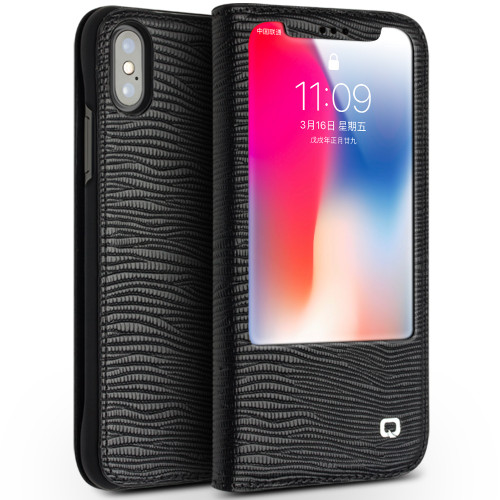 QIALINO - iPhone X / XS Lizard Texture Horizontal Flip Leather Case with Smart View Window & Sleep / Wake-up Function - Black