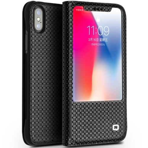 QIALINO - iPhone X / XS Grid Texture Horizontal Flip Leather Case with Smart View Window & Sleep / Wake-up Function - Black