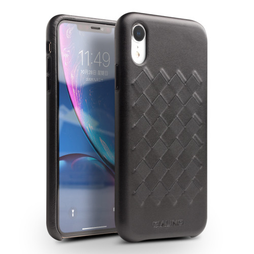 QIALINO - iPhone XR Shockproof Weave Cowhide Leather Protective Case - Black