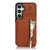 Samsung Galaxy S24 5G YM006 Skin Feel Zipper Card Bag Phone Case with Dual Lanyard - Brown