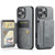 iPhone 16 Pro Fierre Shann Oil Wax Cow Leather Card Holder Back Phone Case - Grey