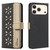 iPhone 17 Pro Max Splicing Color Hollow Flower Pattern RFID Leather Phone Case - Black