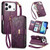 iPhone 17 Pro Flowers Leaves Zipper Wallet Leather Phone Case with Strap - Purple