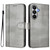Samsung Galaxy S26 Line Splicing Buckle Retro Leather Phone Case - Grey