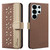 Samsung Galaxy S26 Ultra 5G Splicing Color Hollow Flower Pattern RFID Leather Phone Case - Brown