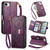 iPhone 17e / 16e Flowers Leaves Zipper Wallet Leather Phone Case with Strap - Purple