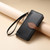 iPhone 17e / 16e Leaf Buckle Zipper Wallet Leather Phone Case with Strap - Black