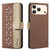 iPhone 18 Pro / 17 Pro Splicing Color Hollow Flower Pattern RFID Leather Phone Case - Brown