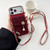 iPhone 18 Pro Leather Leopard Print Card Bag Phone Case with Crossbody Chain - Red