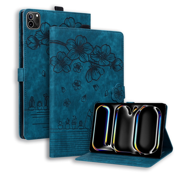 iPad Pro 11 2024 Cartoon Sakura Cat Embossed Smart Leather