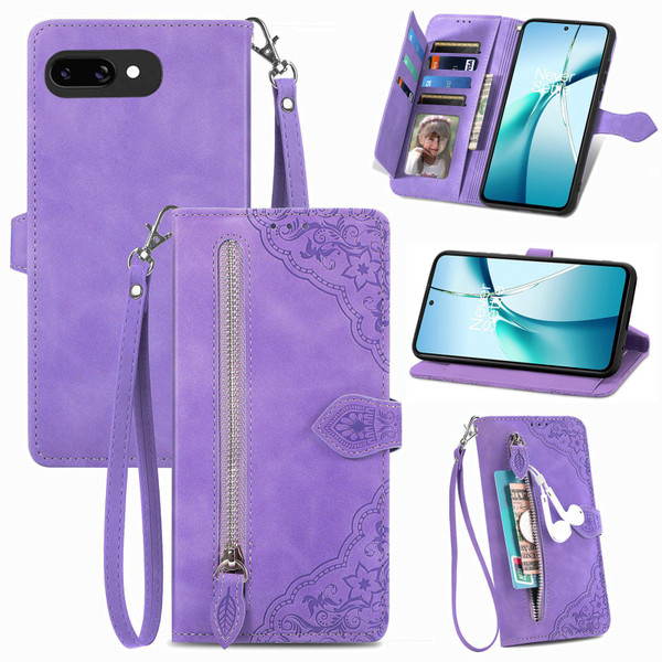 Google Pixel 9a Embossed Flower Zipper Leather Phone Case - Purple