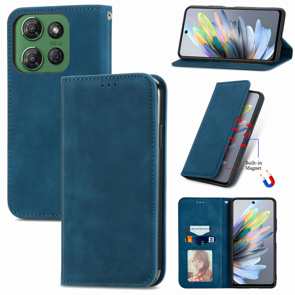 水色レザー風ケース Moto G Power 2025 Retro Skin Feel Magnetic Flip Leather Phone Case