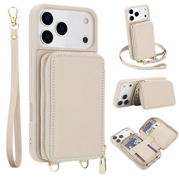 iPhone 17 Pro Max Crossbody Zipper RFID Card Bag Phone Case - Apricot