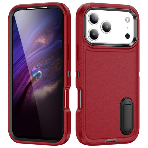 iPhone 17 Pro Max Rugged PC + Silicone Phone Case with Holder - Red+Black iPhone 17 Pro Max Rugged PC + Silicone Phone Case with Holder - Red+Black