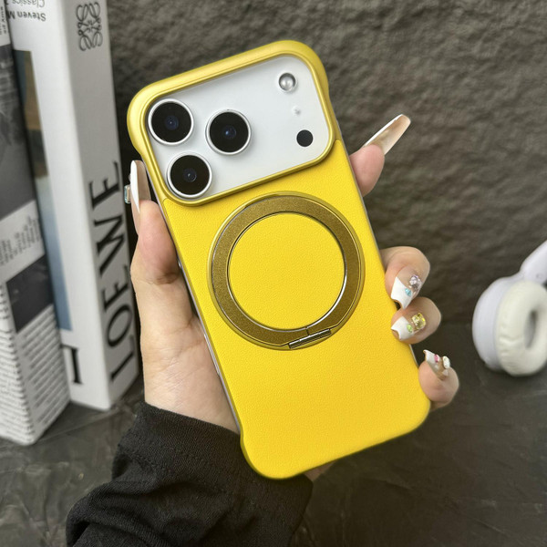 DEMIU GRACE iPhone 17 Pro ケース イエロー iPhone 17 Pro Frameless Leather-Skin PC MagSafe Holder Phone Case