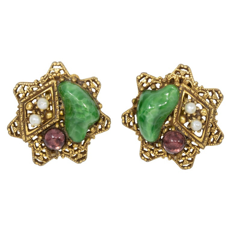 ART Arthur Pepper Retro Jade and Amethyst Faux Pearl Clip On Star