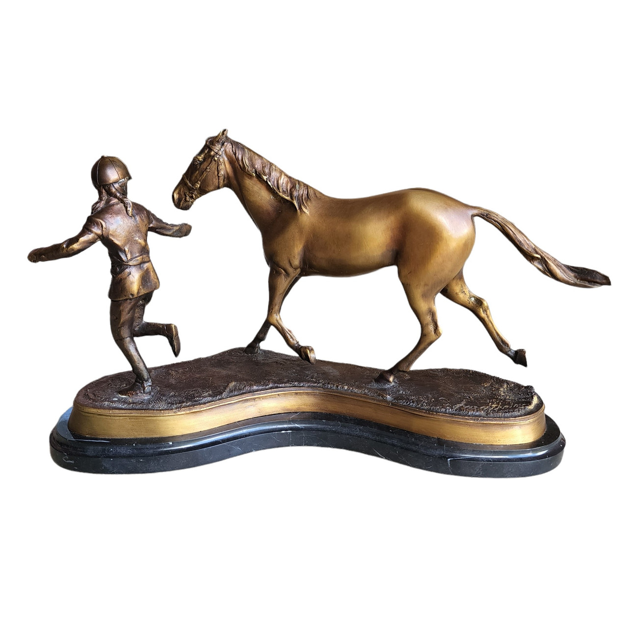 Antique Delaware Park Bronze Statue Horse with Jockey on Marble Base