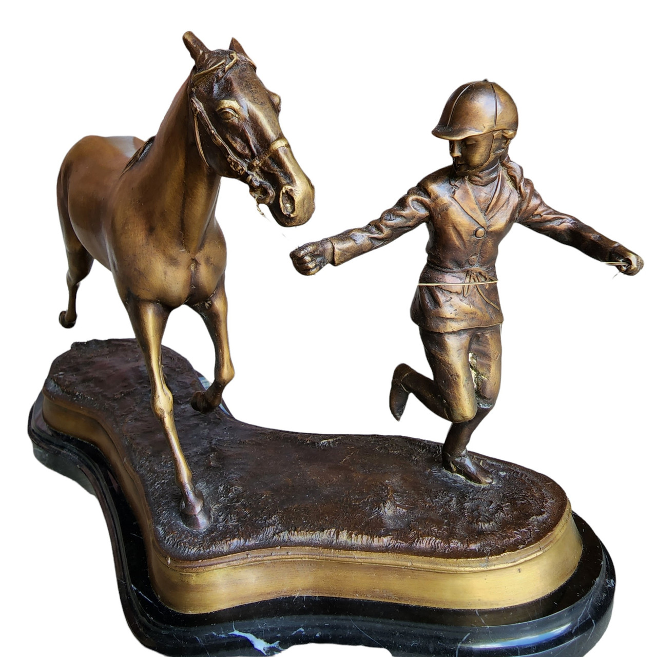 Antique Delaware Park Bronze Statue Horse with Jockey on Marble Base