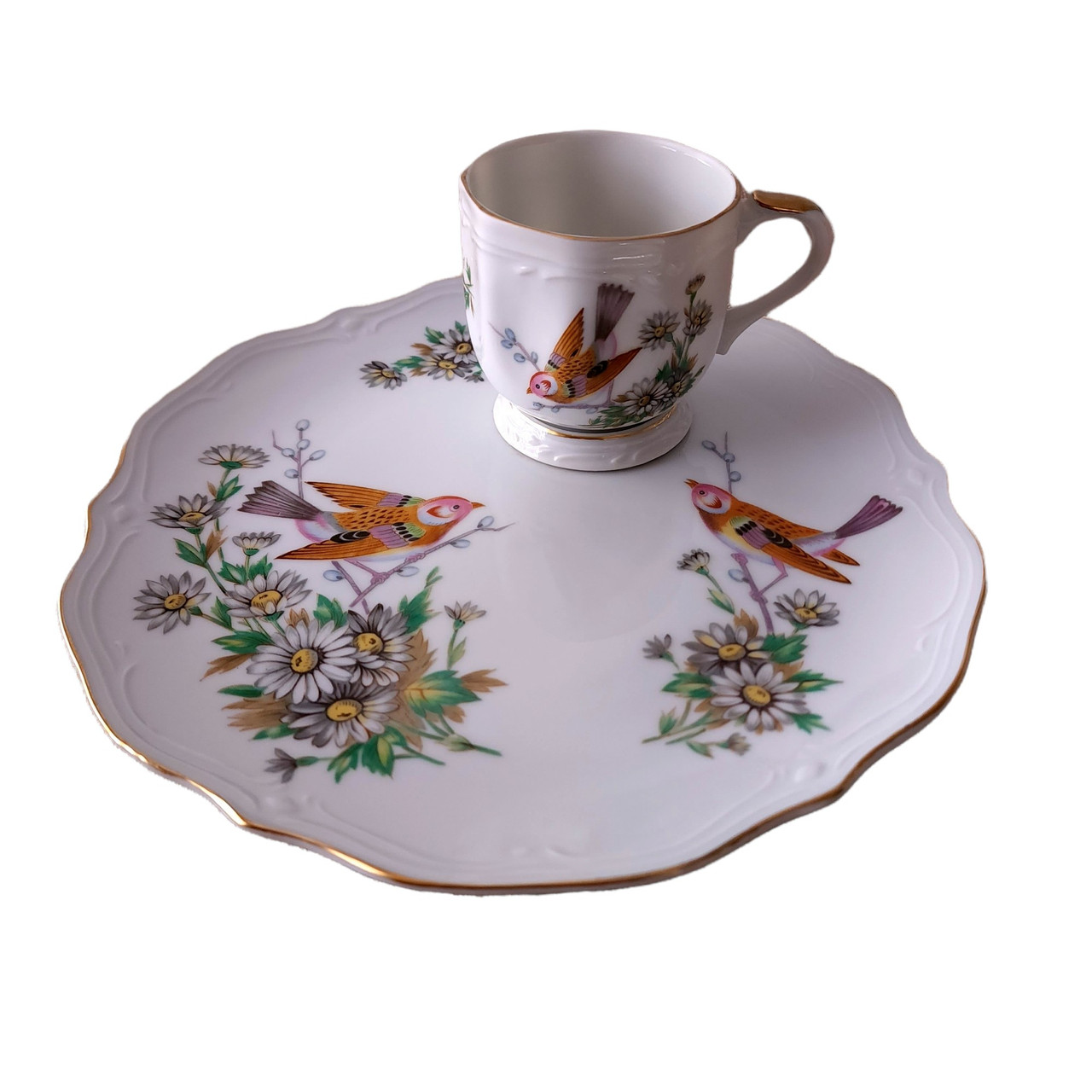 Mid Century Ceramic Gold Trim Snack Plate and Cup Set for Four