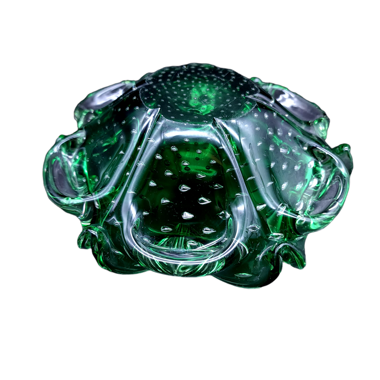 MURANO CRYSTAL Art Glass Emerald Ashtray with Concentric Bubbles