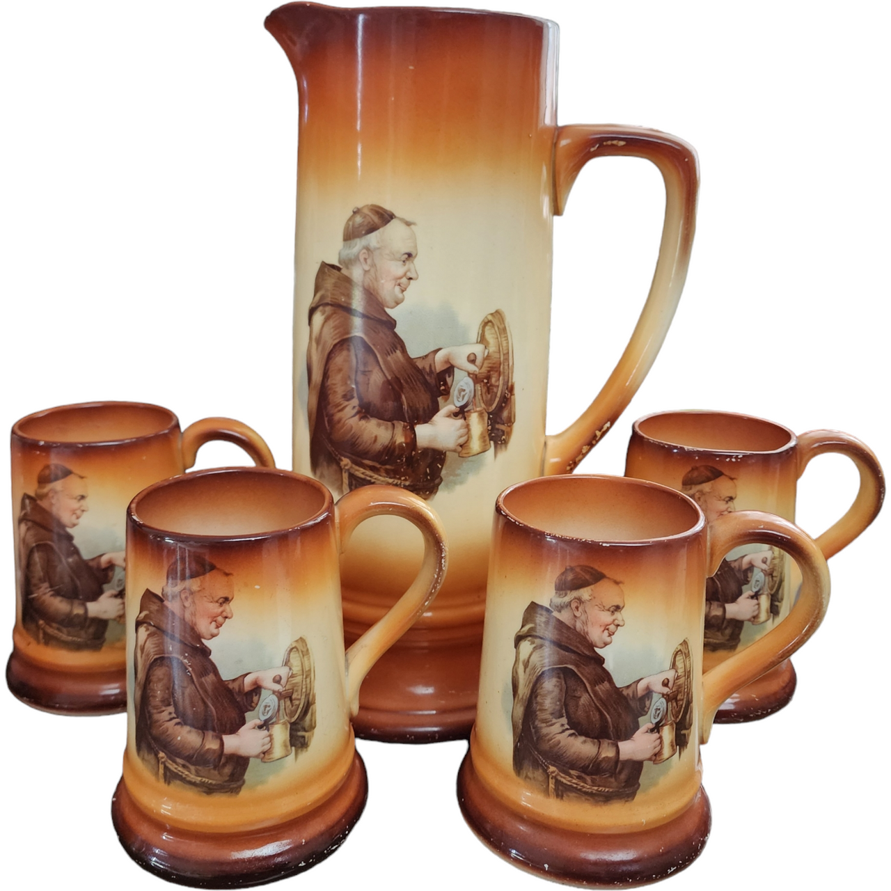 Warwick Brown Fade To Cream Monks Pitcher & 5 Mugs