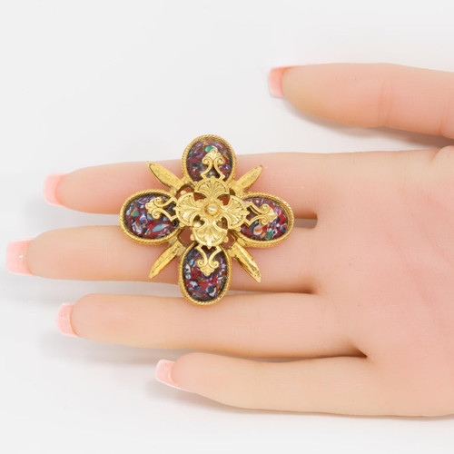 Sarah Coventry Gold Red Easter Cabochon Maltese Cross Pin Brooch, Late 1900s