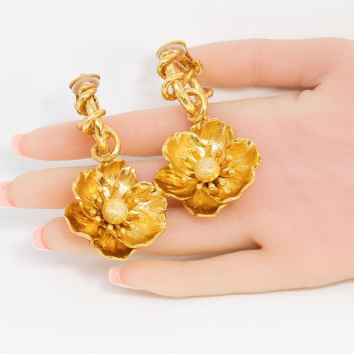Oscar de la Renta Gold Poppy Flower Clip On Dangle Earrings, Contemporary