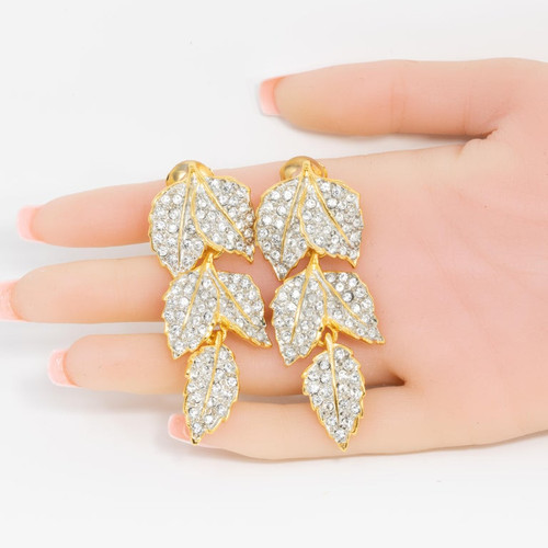 Kenneth Jay Lane Gold Pave Crystal Leaves Link Drop Clip On Earrings, KJL
