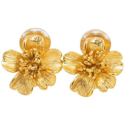 Oscar de la Renta Gold Bold Button Flower Clip On Earrings  Contemporary