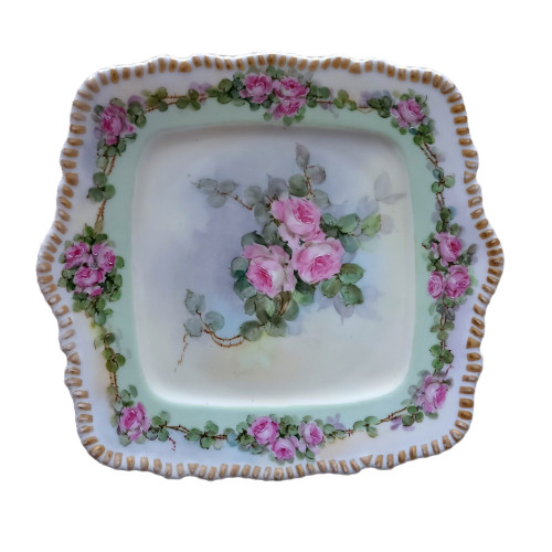 Delinieres & Co. Limoges France 1900 Hand Painted Wild Pink Roses Floral Handle Cake Plate