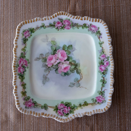 Delinieres & Co. Limoges France 1900 Hand Painted Wild Pink Roses Floral Handle Cake Plate