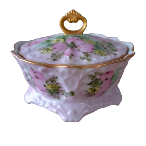 Antique Limoges France Hand Painted Gold Gilded Candy Dish with Lid