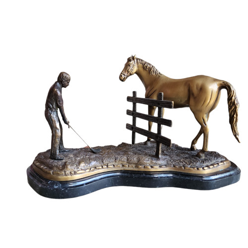 Antique Solid Bronze Sculpture Horse and Golf Player on Marble Base