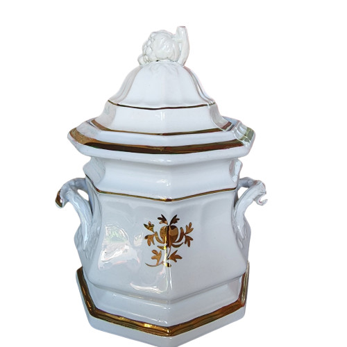 Edward Walley Grape Octagon White Ironstone Copper Pomegranate Motif Covered Sugar Bowl 