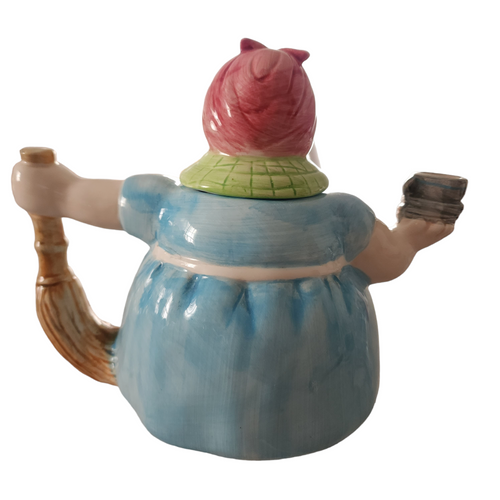 Vintage Housemaid Holding Broom & Teacup Ceramic Figural Teapot 4+ Cup