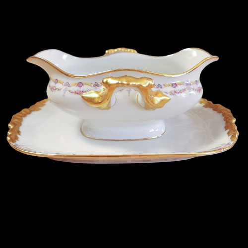 Jean Pouyat Limoges Rose Swags Yellow Pink Scrolls France Gravy Boat with Attached Underplate