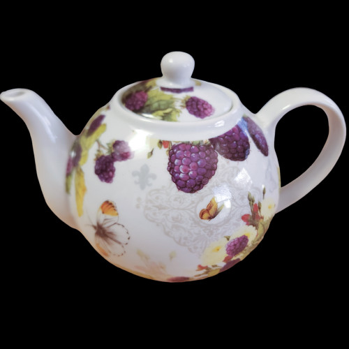 Purple Raspberry & Leaves, Butterflies Fine Porcelain Teapot 4Cups