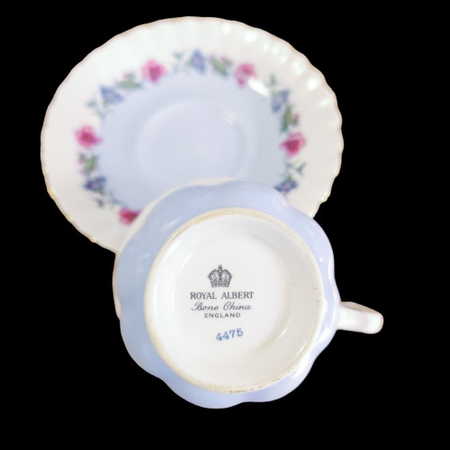 Royal Albert Red & Blue Floral Ribbed Gold Trim Footed Cup & Saucer Set